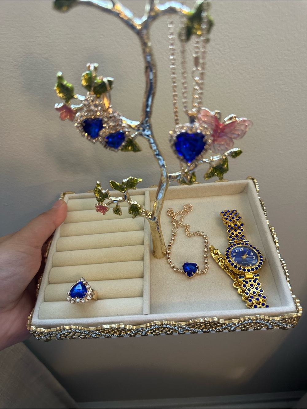 Gold-Tone Blue Heart Crystal Necklace and Ring Set